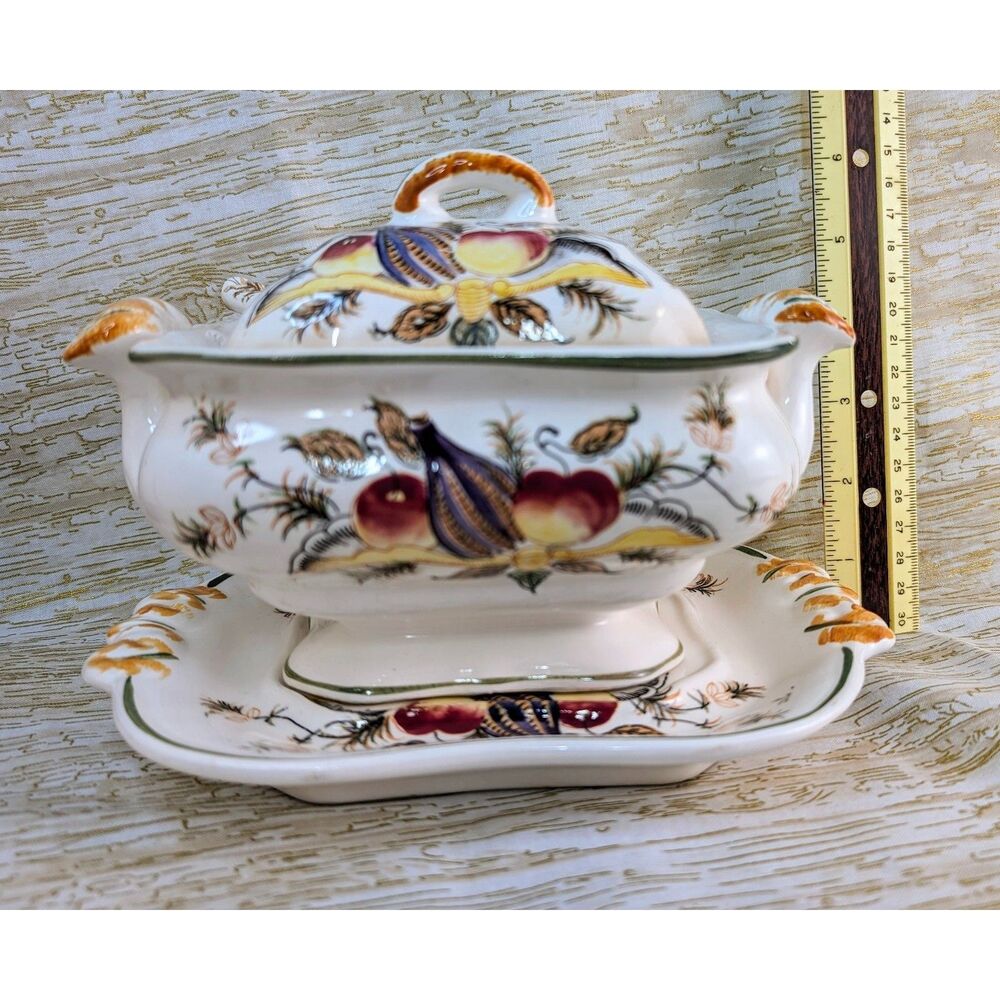 Italian Ceramic Tureen, platter, ladle, lid (4 pc) handpainted Vintage (chip) - Picture 9 of 10